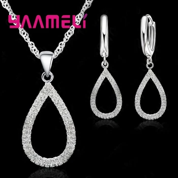 

Elegantment Style Water Drop Shape Drop Shiny Cubic Zirconia Pendant 925 Sterling Silver Necklace Earrings Sets For Girl