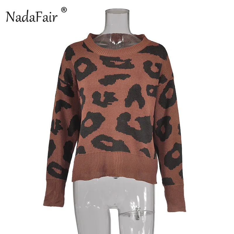 Nadafair, круглый вырез, Свободный Повседневный свитер с леопардовым принтом, женский зимний вязаный джемпер с длинным рукавом, Осенний женский винтажный пуловер, топы