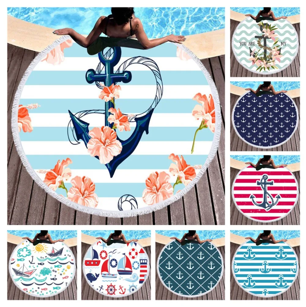 

Free shipping Mediterranean Nautical Sea Anchor Ship Stripes Flower Pattern Fringed Large Round Bath beach towel Blanket 150cm