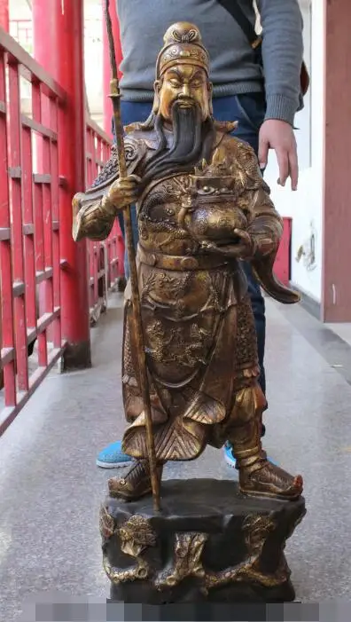 

S01872 40" Chinese Temple Bronze Gilt Dragon Warrior GuanGong Guan Yu God Mammon Statue (B0413)