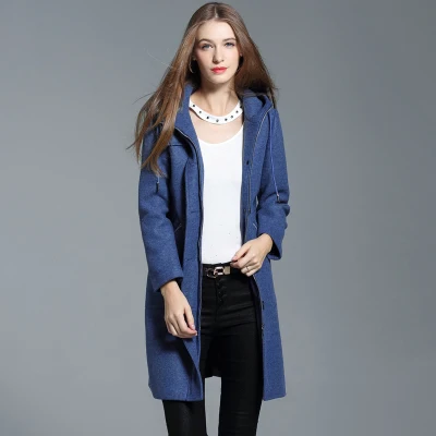 CHAOJUE Брендовое женское коричневое шерстяное пальто с капюшоном Осень/Зима дамское теплое пальто на молнии высокое качество плащ - Цвет: Синий
