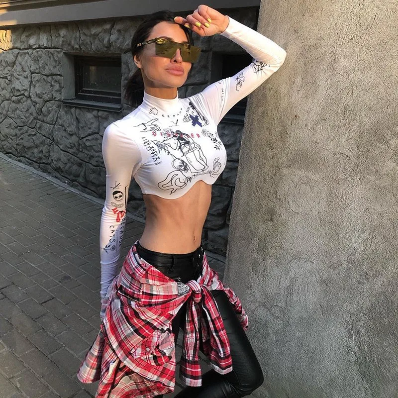 

Graffiti Printed Long Sleeve Sports Crop Top Women Skinny Stretch T shirts Ladies Streetwear Sexy Turtleneck Tee Shirt cwt0299-5