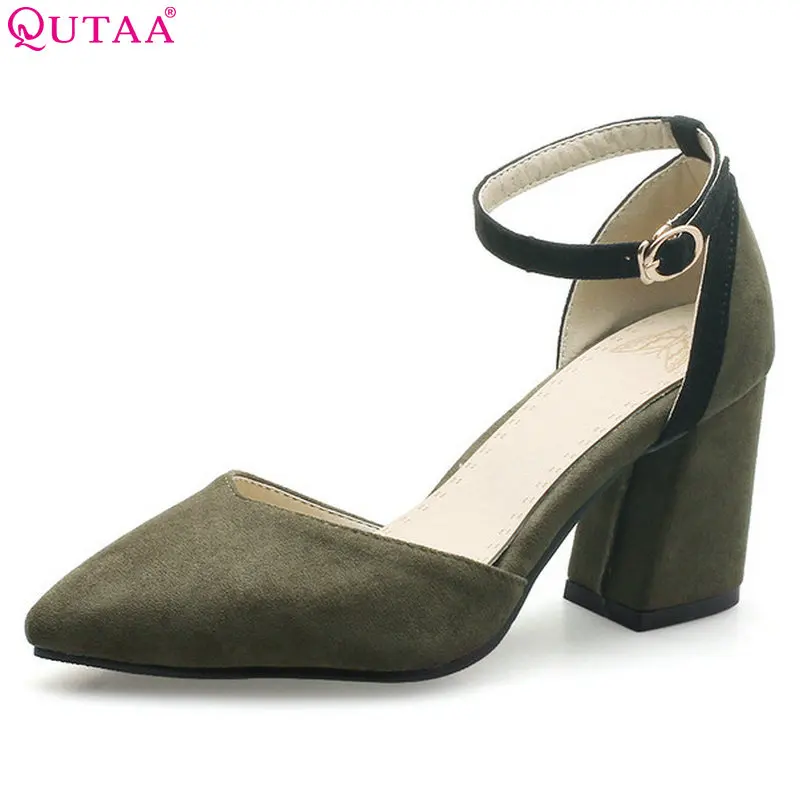 

QUTAA 2018 Women Pumps Flock Square High Heel Two Piece Shoes Pointed Toe All Match Wedding Platform Women Shoes Size 34-43