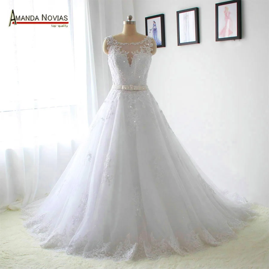 

2019 New Model Crystal Belt Lace Appliques Wedding Dresses Real Photos