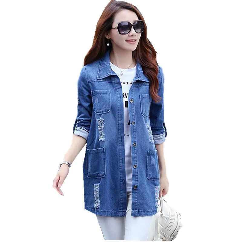 

New Denim Jackets Women Hole Boyfriend Style Long Sleeve Vintage Jean Jacket Denim Loose Spring Autumn Denim Jeans Coats
