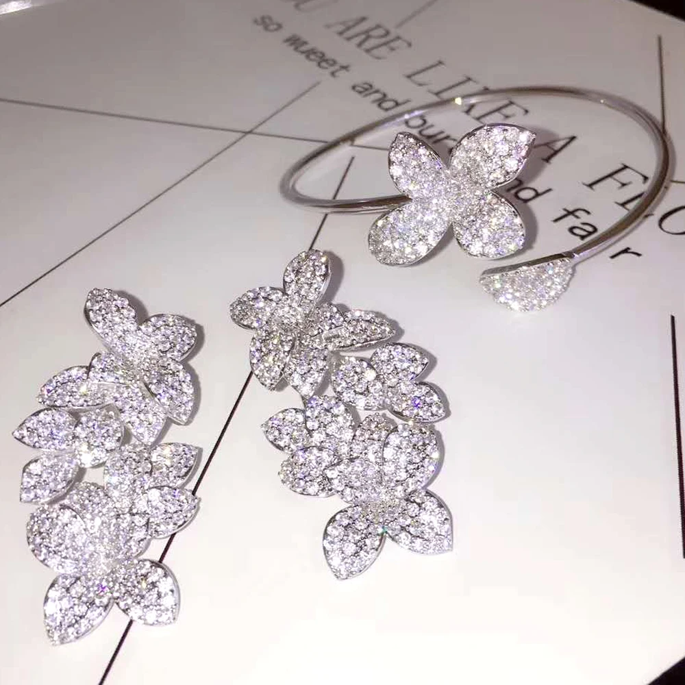 Hiневесты Европейский цветочный дизайн микро CZ проложить Открытый браслет для женщин ювелирные изделия и Браслеты Серьги Brincos Bijoux Femme N-642