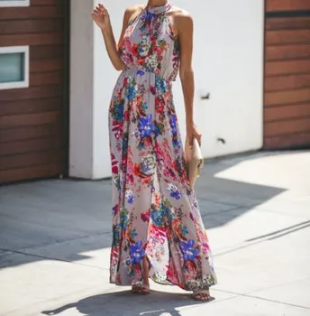 

2019 Newest Spring Women Printed Floral Embroidery Long Dress Cocktail Party Dress Split Sundress