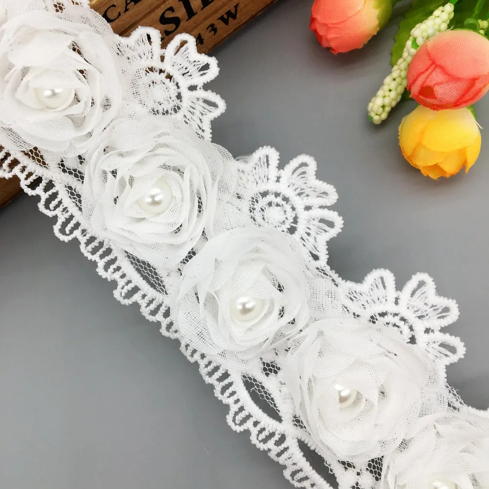 

GXINUG 1 Yd Soluble Rose Flower Pearl Chiffon Lace Edge Trim Mesh Ribbon Fabric Sewing Craft Wedding DIY For Costume Decoration