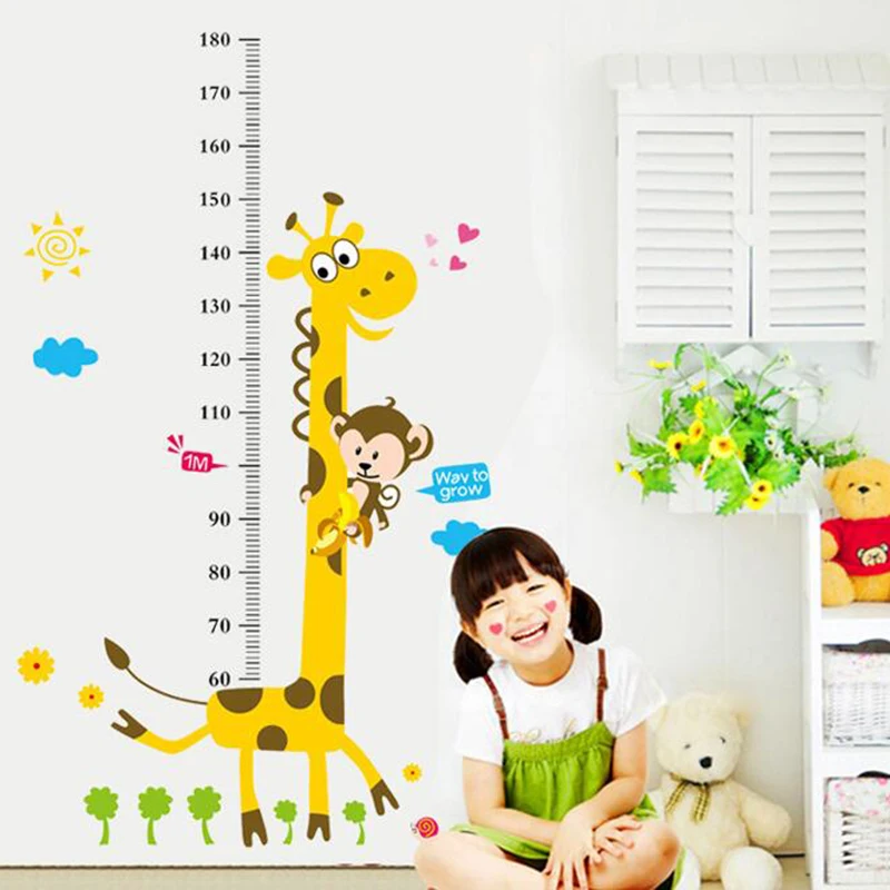 

Cartoon Giraffe Monkey Child Height Wall Stickers For Kids Baby Rooms Animal Self-adhesive Wall Decals DIY PVC Art Mural Poster