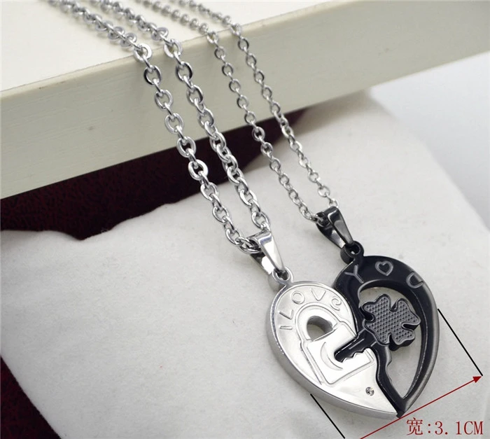 Silver color double heart pendant necklace men accessories colares  femininos,fashion key lock Jigsaw Couple necklace joyas|colar  feminino|heart pendant necklacefashion necklace - AliExpress