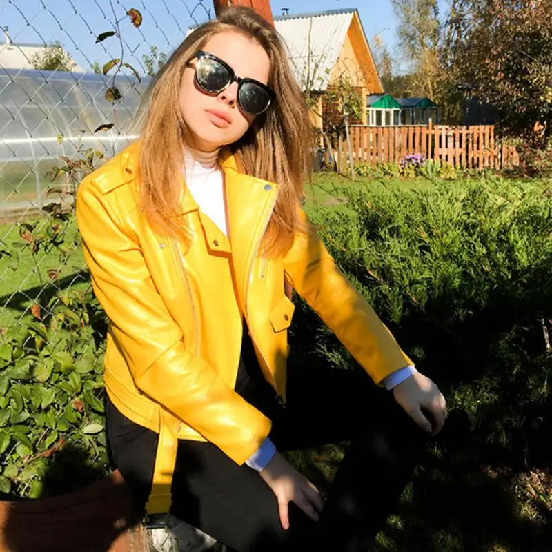 Бренд Lusumily, искусственная кожа, Женская куртка, пальто, короткая, красная, черная, искусственная кожа, мотоциклетная кожаная куртка, женская уличная одежда,, новая верхняя одежда - Цвет: Yellow