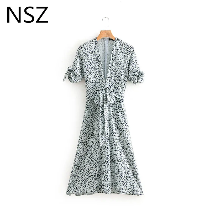 Women Print Side Slit Dress Bow Tied Waist Knee Length Dress Bow Sleeve