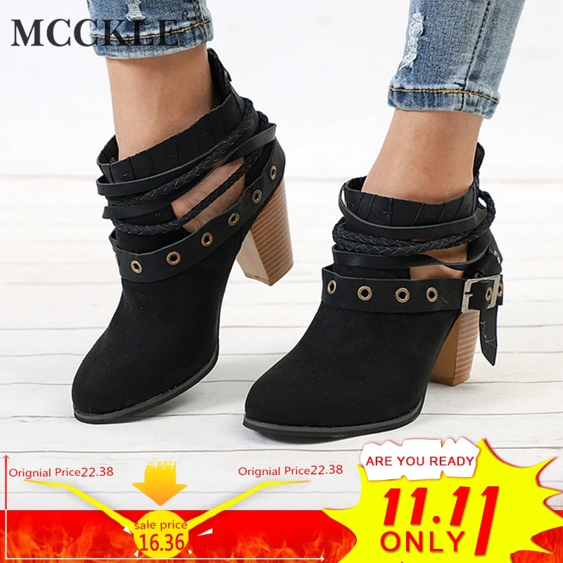 

MCCKLE Ankle Boots Plus Size Women Cut Out Retro High Heels Gladiator Block Heel Shoe For Female Flock Buckle Strap Short Botas
