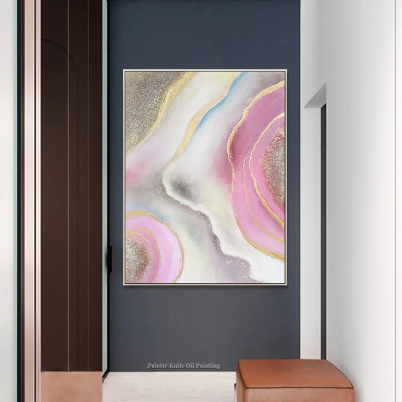 Modern abstract Gold and pink oil painting on canvas Hand painted Wall Art Pictures for living room cuadros decoracion