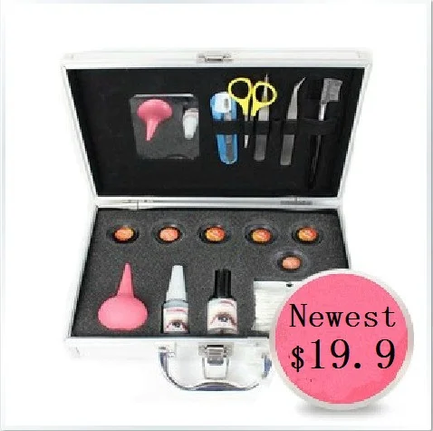 

New Brand Professional Makeup Grafting Eyelash Suit False Eyelash +Tweezers+Brush+Glue Full Set Kit with Silver Case
