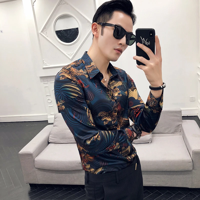 Азиатский размер бренд роскошная мужская рубашка ночной клуб мужские рубашки slim fit повседневные мужские рубашки с длинными рукавами дизайнерская рубашка с принтом