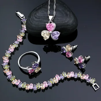 

925 Silver Bridal Jewelry Sets For Women Multicolor Heart Stone Cubic Zirconia Stud Earrings Pendant Ring Bracelet Necklace Sets