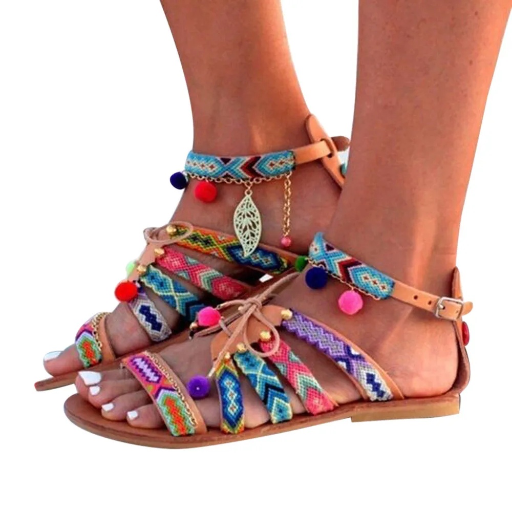 

JAYCOSIN Summer Shoes Women's Sandals Bohemian Gladiator Leather Sandals Flats Summer Shoes Woman Pom-Pom Sandals For Women 620