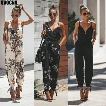 

Summer Spring Women Sexy Open Back Deep V-neck Sling Cotton Long Rompers Womens Jumpsuit Drawstring Flower Women Clothes