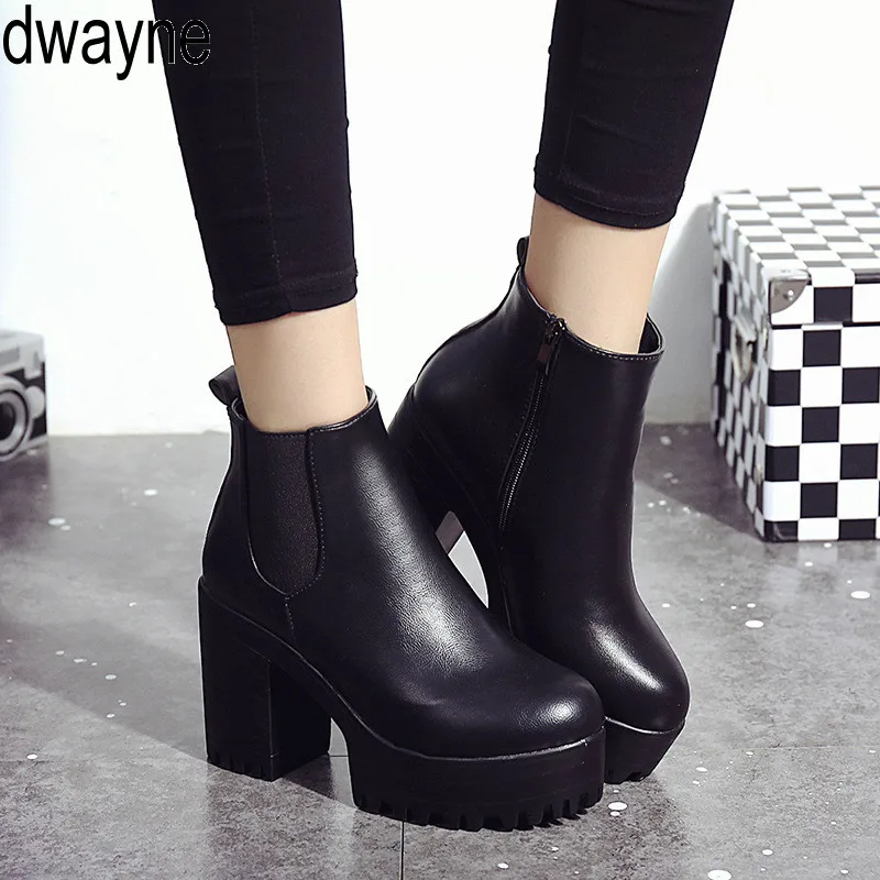 

New 2019 Botas Mujer Fashion Women Boots Square Heel Platforms Zapatos De Mujer PU Leather Thigh High Pump Motorcycle Boots7596