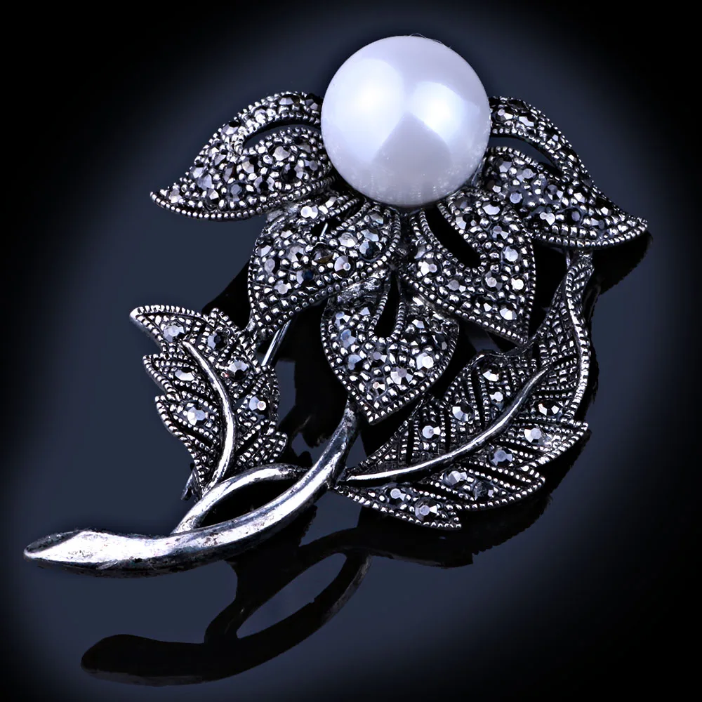 Cute Flower Black Rhinestones Brooches & Pins Simulated Pearl Brooch