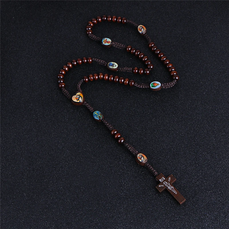 Коми деревянные бусины шнур четки ожерелье Иисуса кросс-подвесные прелести для католической Религиозные ювелирные изделия подарок R-018