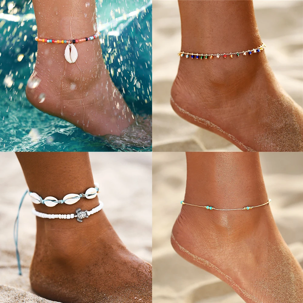 

17KM Bohemian Sea Shell Beads Anklets For Women Vintage Gold Handmade New Stone Anklet Bracelet 2019 Ladies Beach Jewelry