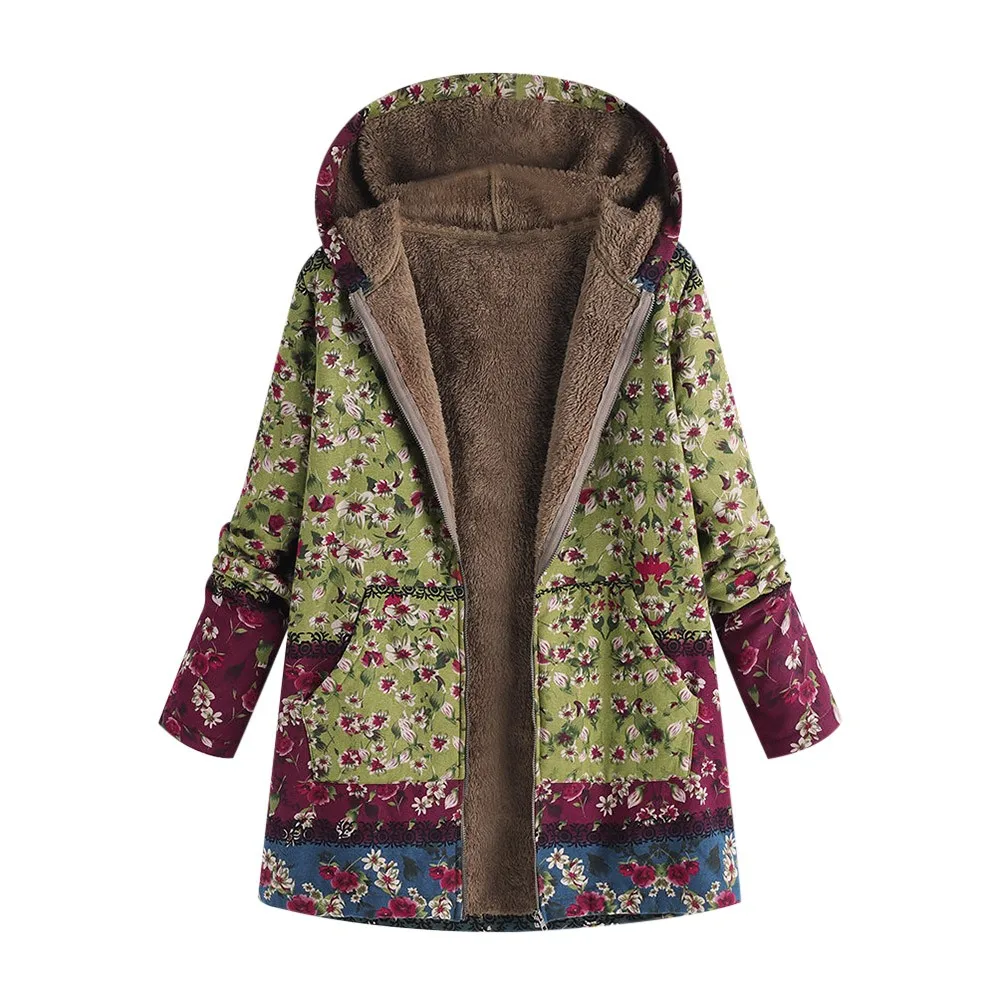 Women Coat Winter Warm Outwear Floral Print Hooded Pockets Vintage Oversize Coats Plus Size Long Winter Jacket chaqueta mujer A8