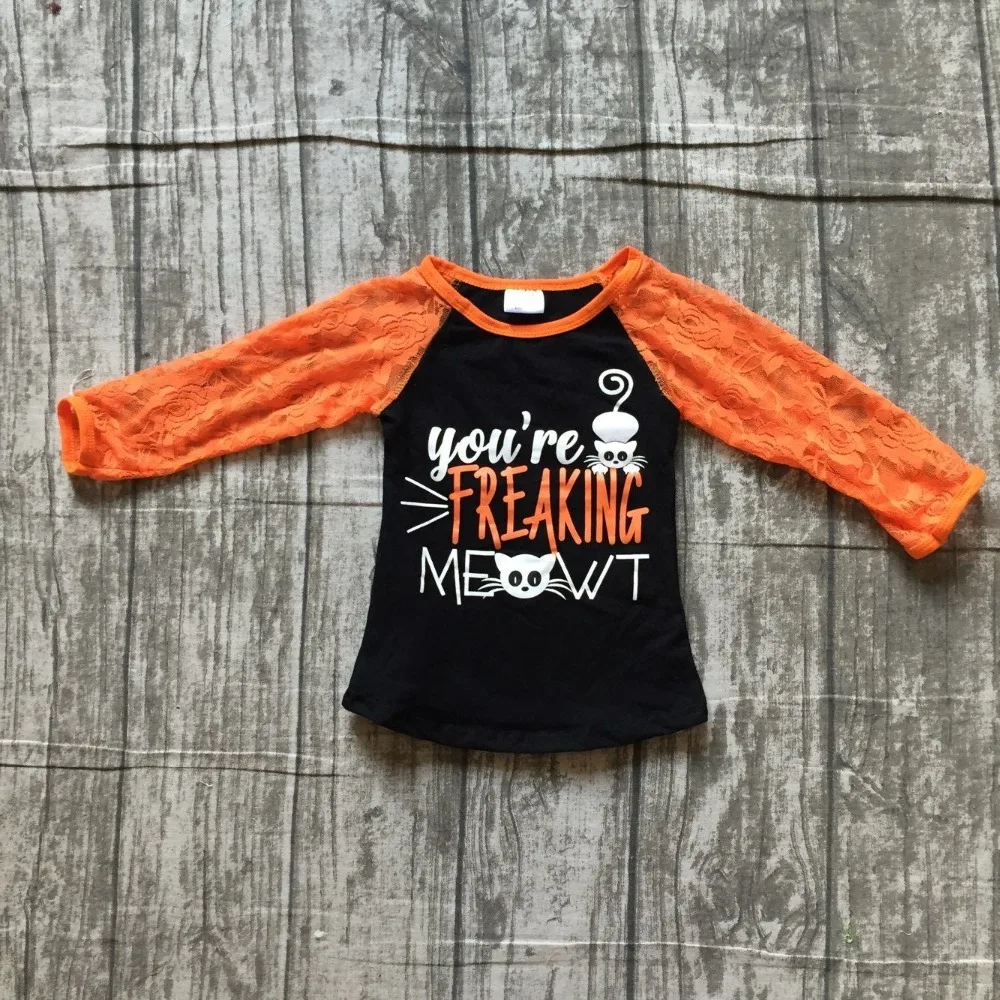 

new fall/winter baby girls children clothes boutique cotton top t-shirt orange raglans lace long sleeve you're freaking mewt cat