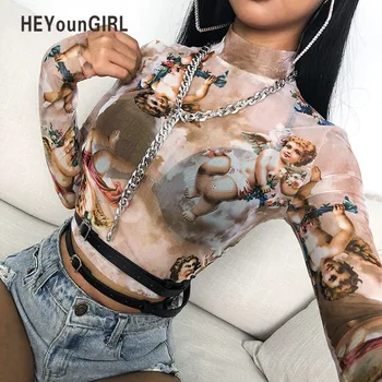 

HEYounGIRL Sexy Printed Mesh Long Sleeve Crop Top Casual Turtleneck Tshirt Women Korean Style Short Tee Shirt Femme Streetwear
