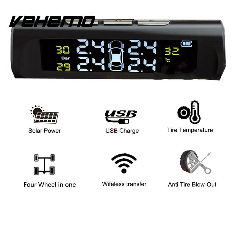 Vehemo TPMS монитор солнечной энергии температура шин Автомобильный цифровой дисплей