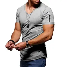 Облегающая Мужская футболка с v-образным вырезом, футболка для фитнеса, бодибилдинг, хип-хоп, высокая уличная летняя футболка с коротким рукавом на молнии, топы