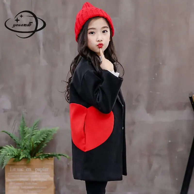 

kids wool coats autumn spring 5-15Y girls blends jackets clothing cartoon loving heart pocket children outerwear clothes ly53
