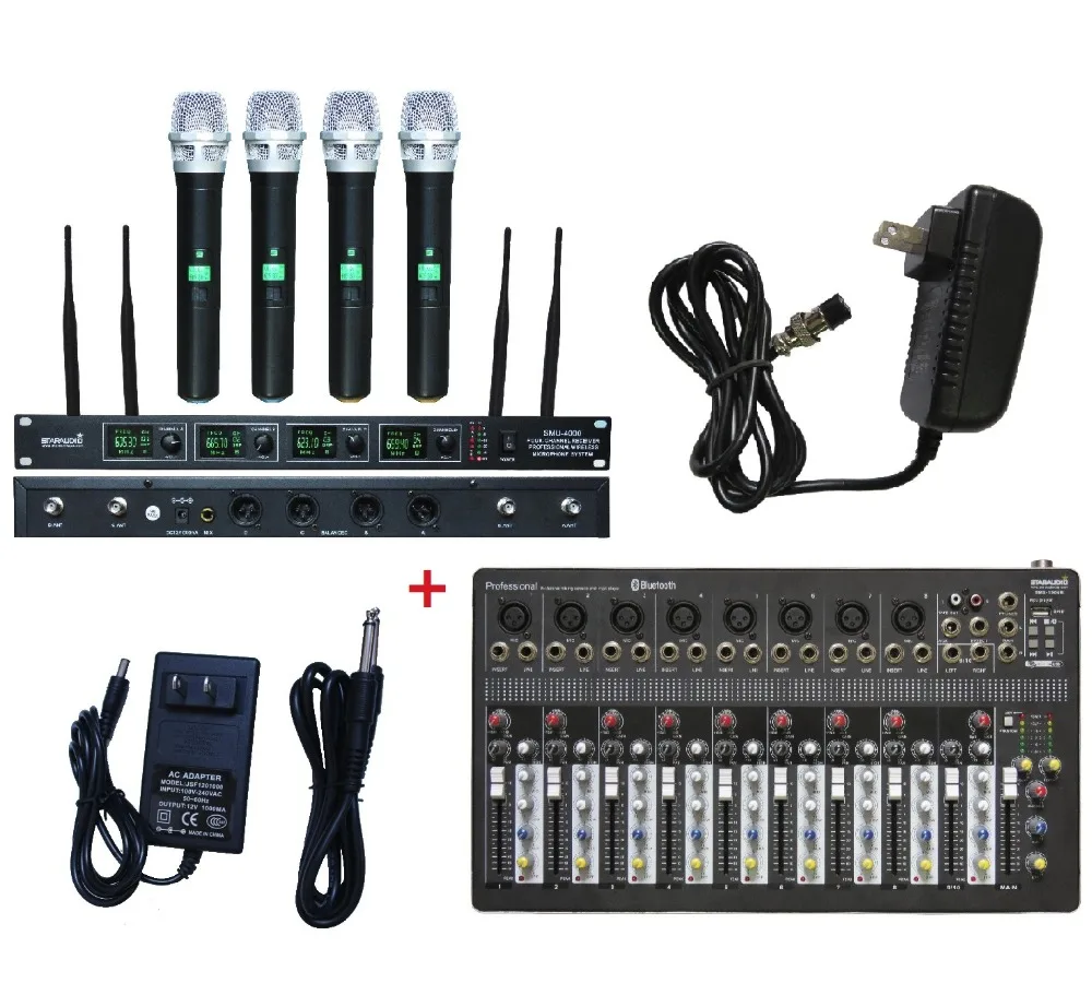 

STARAUDIO Pro DJ Stage KTV 10 Channel USB Bluetooth MP3 Mixer W/ 4CH UHF Handheld Microphone SMX-1000B