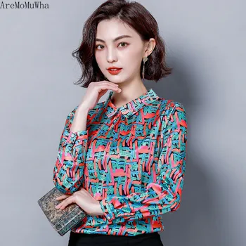 

AreMoMuWha 2019 Spring New Printed Silk Shirt Doll Collar Silk Shirt Long Sleeve Loose Chiffon Bottoming Women Shirts TideQX499
