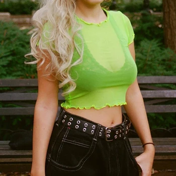 

Sexy Hollow Mesh Net Transparent Shirt See Through Crop Top Women Sexy Short Sleeve Camisole Crop Top Luorescent Tops