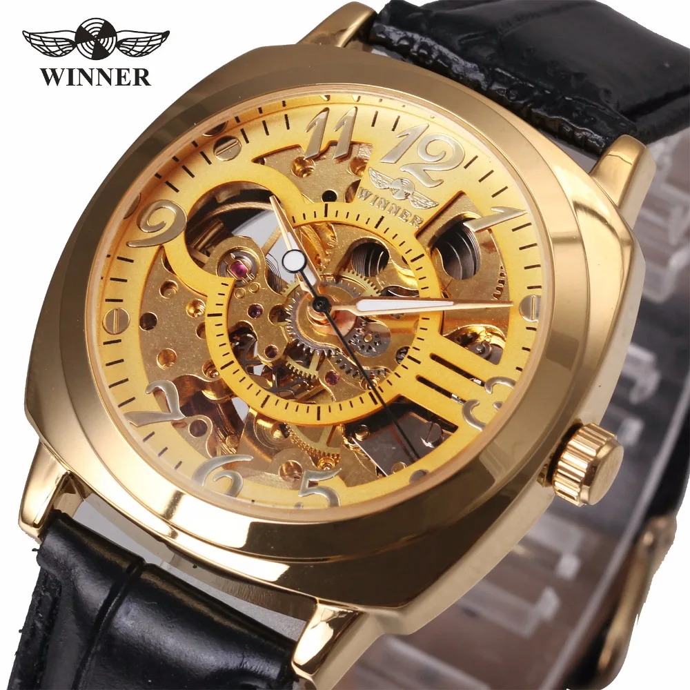 

WINNER Men Luxury Golden Auto Mechanical Watch Leather Strap Skeleton Dial Tonneau Shape Round Case Fashion Design Wristwatch