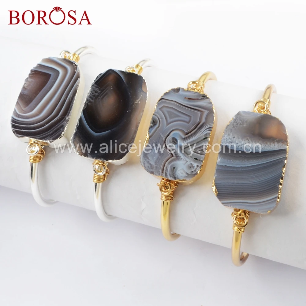 

BOROSA 5PCS Handmade Wire Wrap Gold Filled Botswana Agates Bangles Natural Onyx Agates Stone Bracelet Jewelry for Women G1664