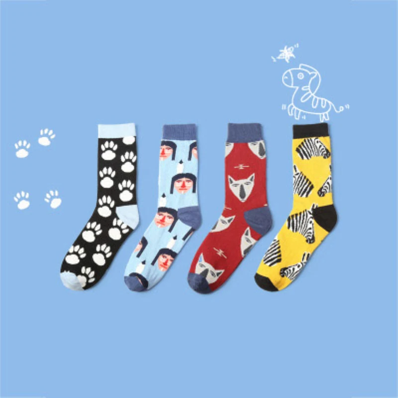 

New Korea Style Men Socks Cotton Breathable Casual Happy Sock Animal Cartoon Zebra Pattern Long Socks Men for Autumn Winter