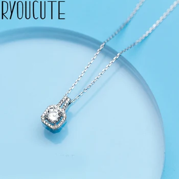 

RYOUCUTE 100% Real Pure Silver Color Jewelry Long Chain Zirconia Square Choker Necklaces For Women Gifts Kolye Collar