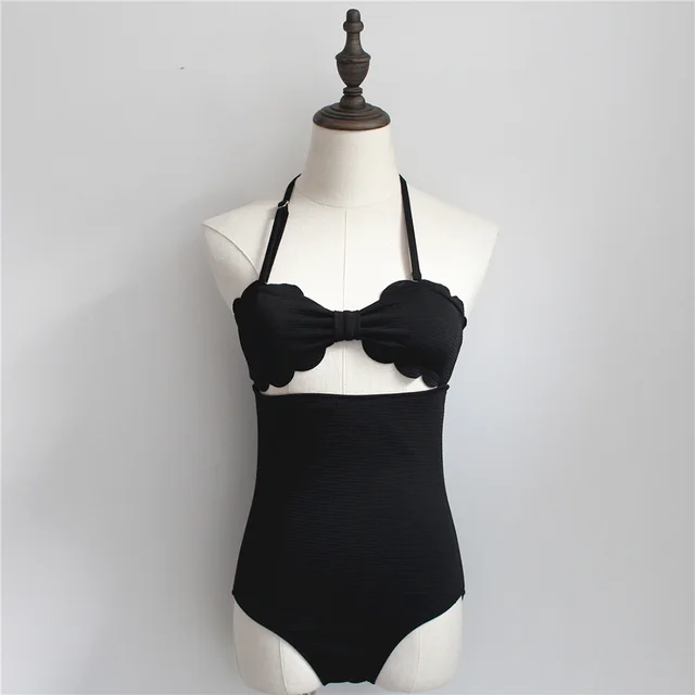 Solid Black Pink One Piece Swimsuit Women 2017 Swimwear Female Halter