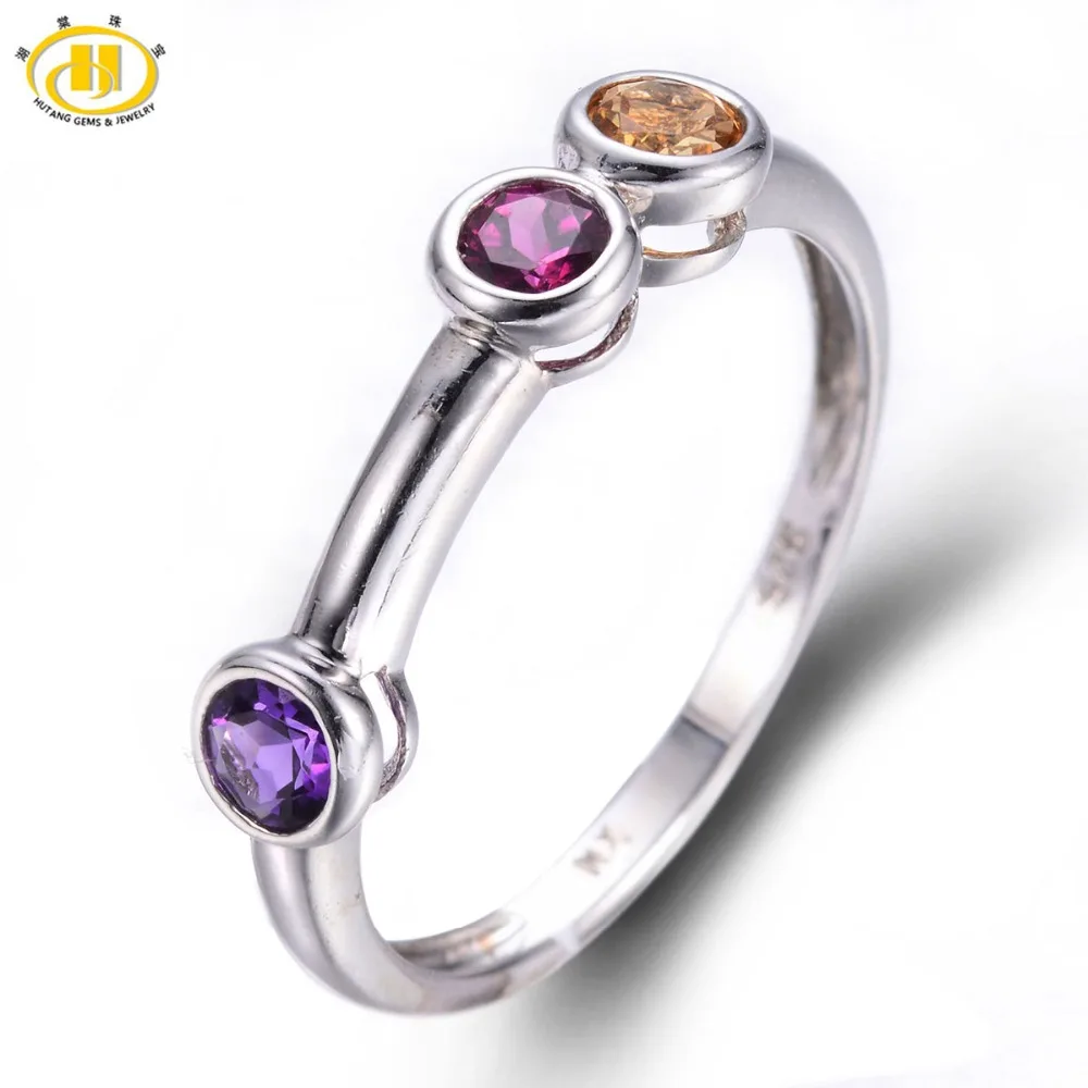 

Hutang Natural Amethyst, Rhodolite & Citrine 925 Sterling Silver Ring Round Gemstones Novelty Fine Jewelry Summer Style Gift