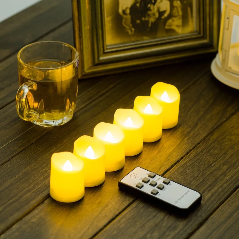 

Set of 6 White Flickering LED Flameless Candles with Remote Control and Timer Function, Brightness and Flicker,6 hours on