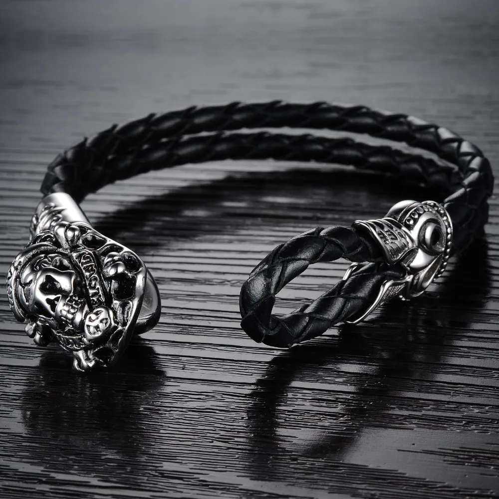 Fate Love Genuine Leather Men's Bracelet Skull Bangles Stainless Steel Chain Punk Wristband Men Jewelry Best New Year Gift FL845