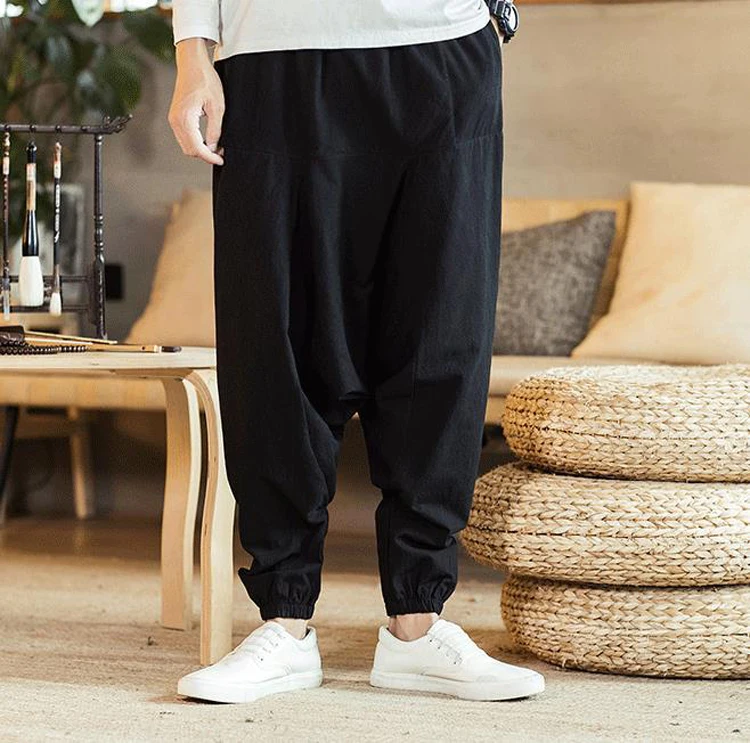 Men Pants Men's Wide Crotch Harem Pants Loose Trousers Wide-legged Bloomers Chinese Style Flaxen HipHop Ankle-Length Baggy
