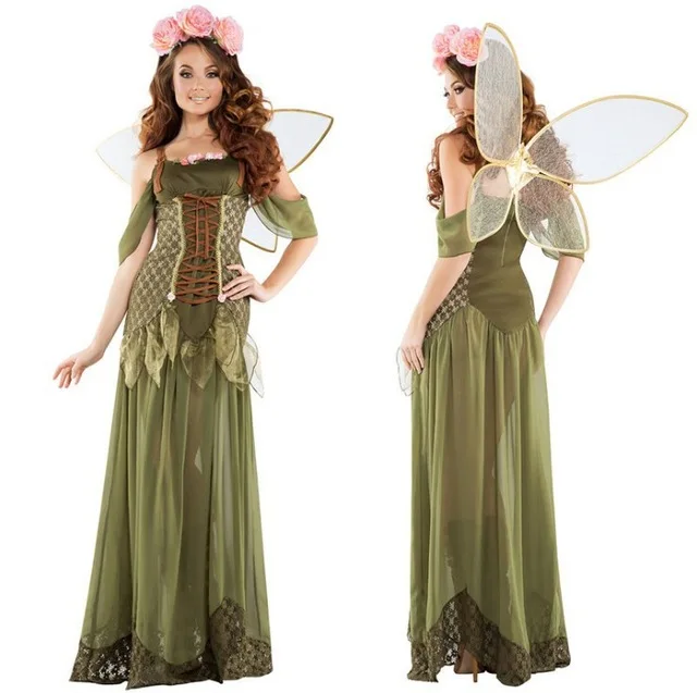 

Halloween Adult Women Angel Elf Flower Fairy Tinker Bell Costume Hen Party Fairy Tale Green Forest Cosplay Fantasia Fancy Dress