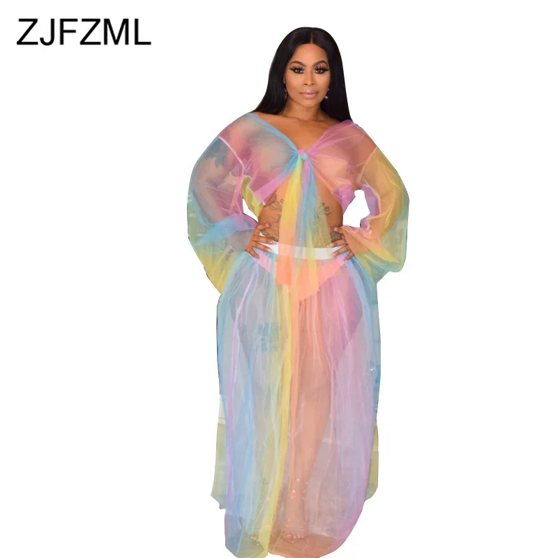 

Rainbow Gradient Sexy Two Piece Set Women Deep V Neck Flare Sleeve Crop Top+Mesh See Through Long Skirts Summer Beach Tracksuit
