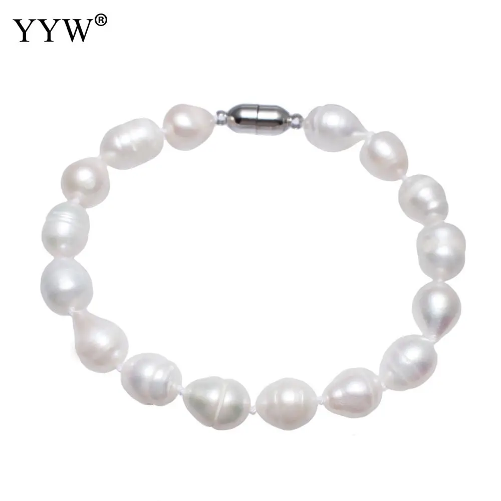 Женские натуральные пресноводные жемчужные браслеты в форме риса жемчужные Ювелирные изделия Белый 9-10 мм браслет-Шарм для модницы 7,5 дюймов