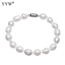 Женские натуральные пресноводные жемчужные браслеты в форме риса жемчужные Ювелирные изделия Белый 9-10 мм браслет-Шарм для модницы 7,5 дюймов