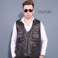 New Men's Waistcoat Genuine Leather Reporters Suit More Than Pocket Quinquagenarian Men Cow Leather Vest Tops Sleeveless Jacket